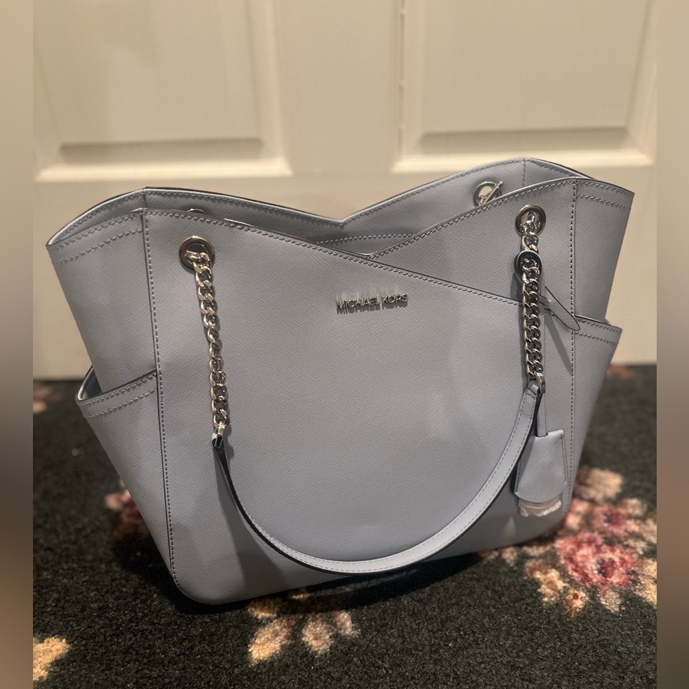 Michael Kors Light Blue Saffiano Leather Chain-Detail Tote